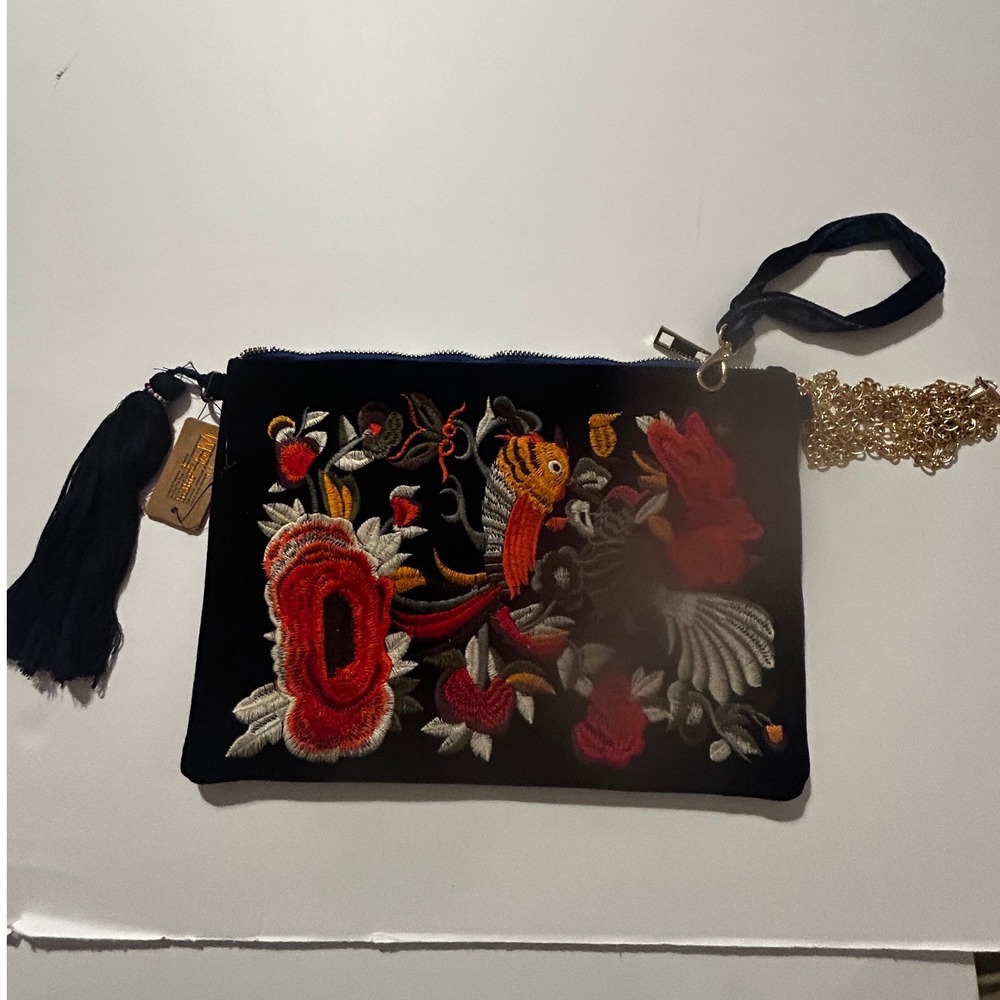 Kay Celine Black Velvet Embroidered Floral Bird Clutch Tassel Crossbody Bag NEW